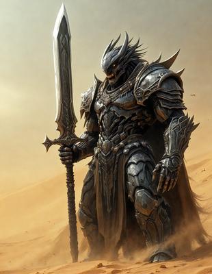The primary subject of the image is a man dressed in a medieval-style armor, holding a sword. He appears to be a warrior or a knight, ready for battle. The setting is a desert-like environment, with sand and a cloudy sky in the background. The visual style of the image is a digital art or illustration, showcasing the intricate details of the armor and the sword. The colors and mood of the image are dark and dramatic, emphasizing the warrior's fierce